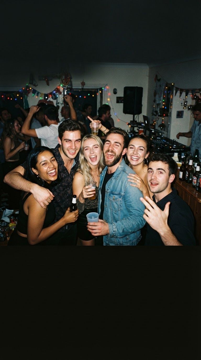 Friends posing on a crowded dance floor