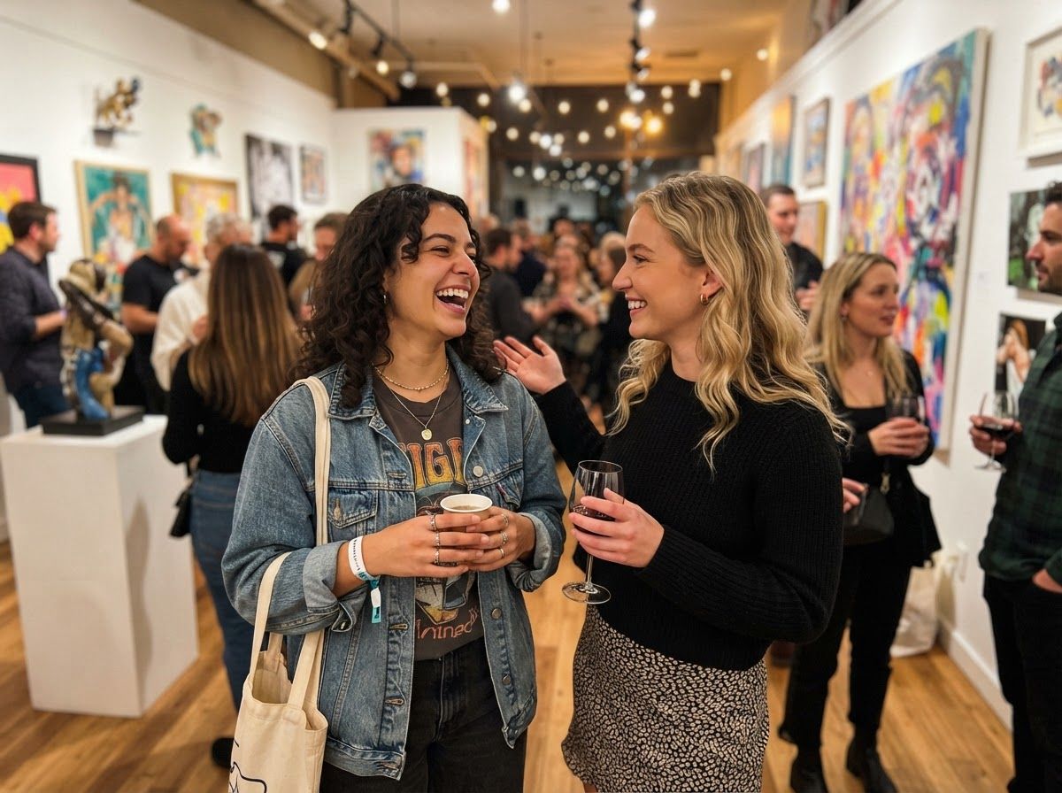 Friends talking at a gallery opening