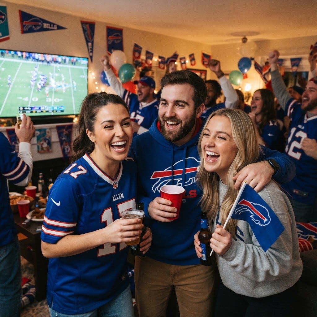 Friends cheering at a game-day party