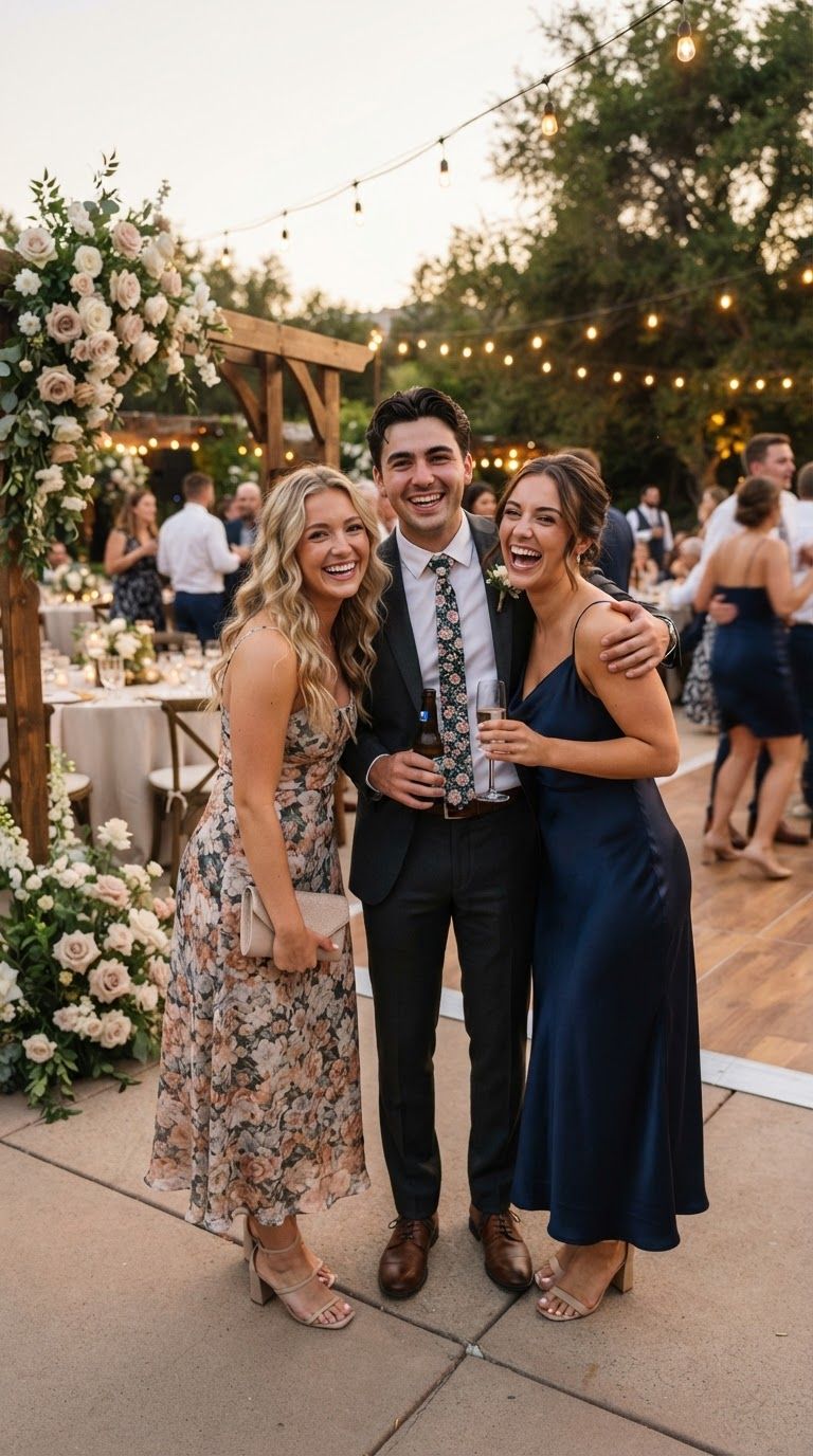 Friends celebrating at a garden wedding