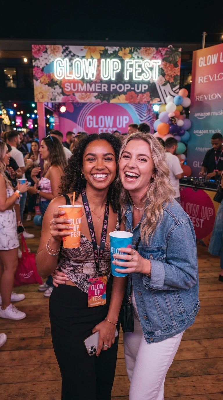 Friends at a colorful festival activation