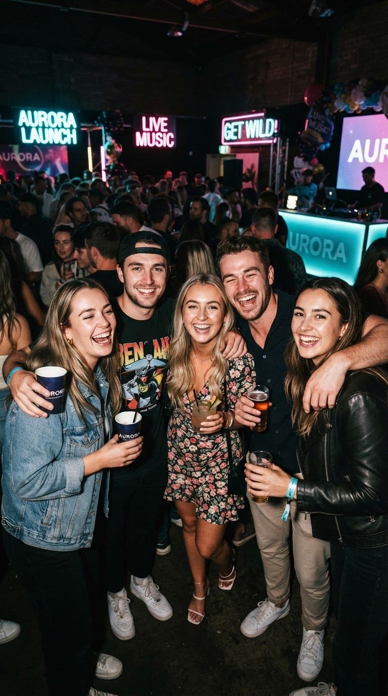 Friends together at a nighttime launch party