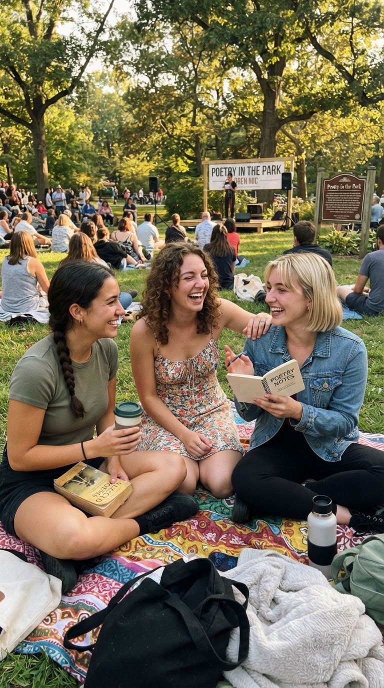 Friends at a poetry event in the park