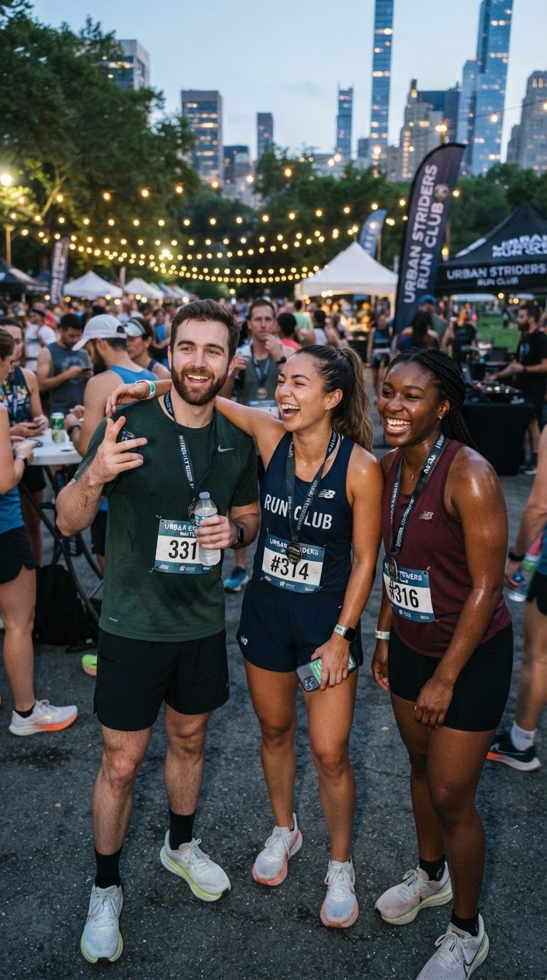 Run club friends celebrating after a race