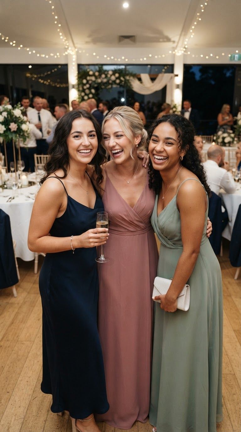 Friends posing together at a wedding reception
